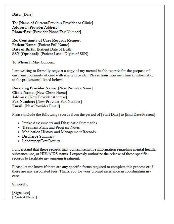 Continuity of Care Mental Health Records Request Letter