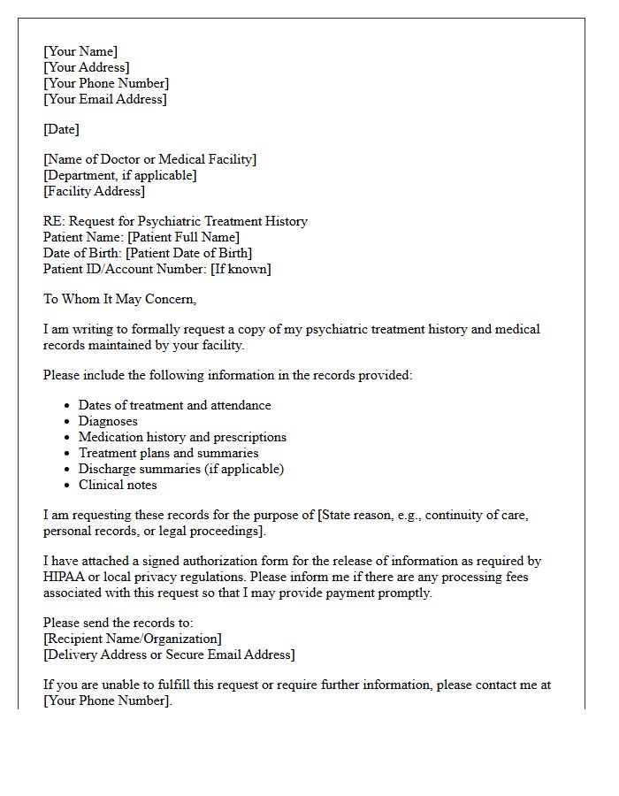 Letter of Request for Psychiatric Treatment History