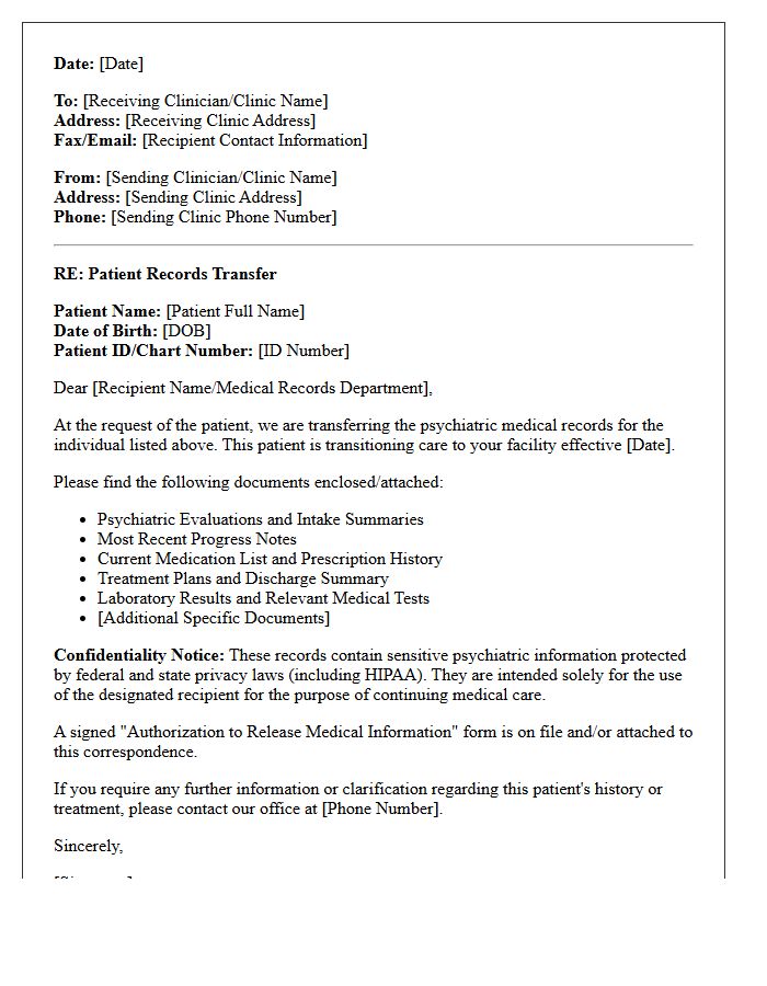 Clinic to Clinic Psychiatric Records Transfer Letter