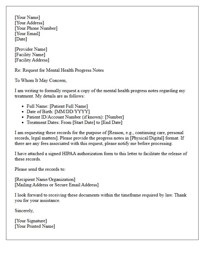 Letter of Request for Patient Mental Health Progress Notes