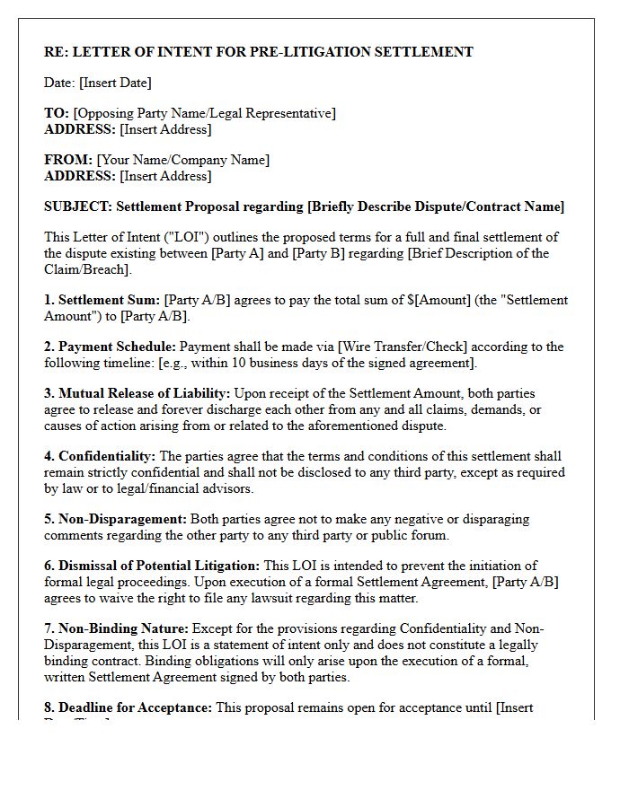 Commercial Dispute Pre-Litigation Settlement Letter of Intent