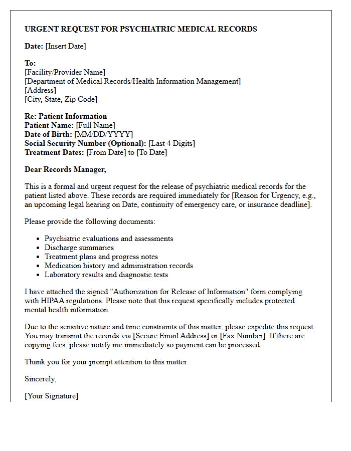 Urgent Request Letter for Psychiatric Medical Records