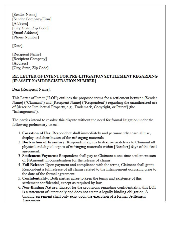 Letter of Intent for Pre-Litigation Settlement of Intellectual Property Infringement