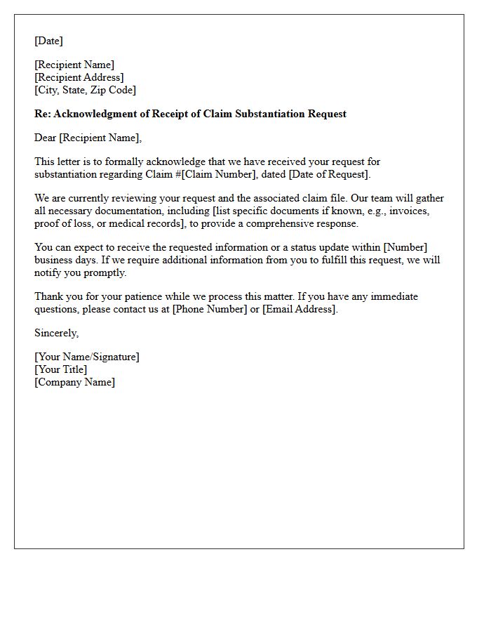 Letter Acknowledging Receipt of Claim Substantiation Request