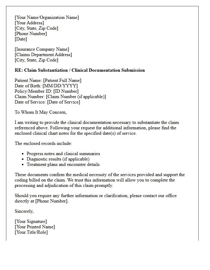 Letter Enclosing Clinical Chart Notes for Claim Substantiation