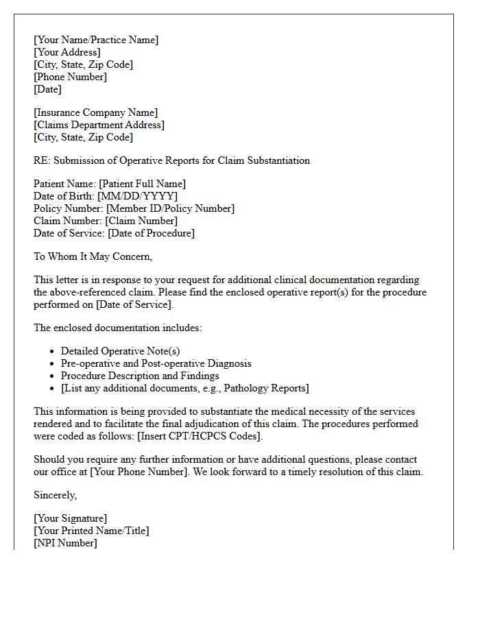Letter Supplying Operative Reports for Claim Substantiation