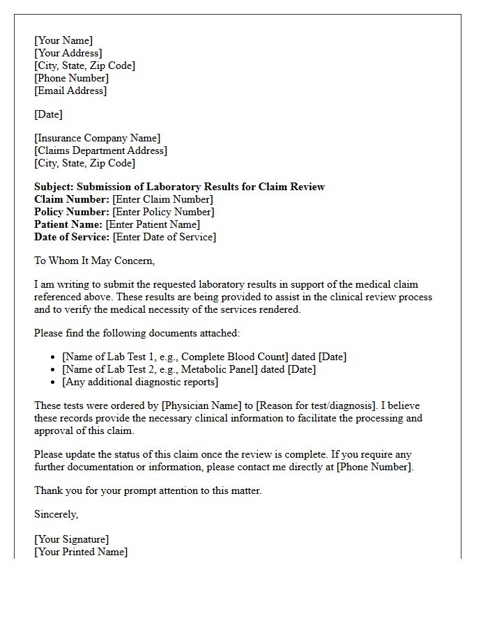 Letter Submitting Laboratory Results for Medical Claim Review