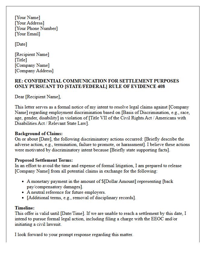 Employment Discrimination Pre-Litigation Settlement Letter of Intent