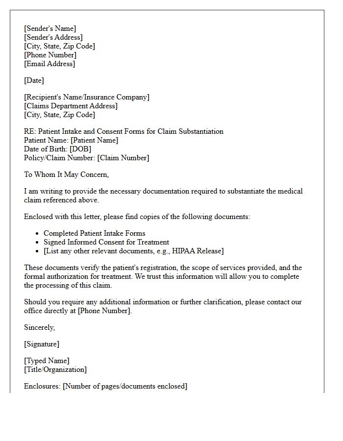 Letter Enclosing Patient Intake and Consent Forms for Claim Substantiation