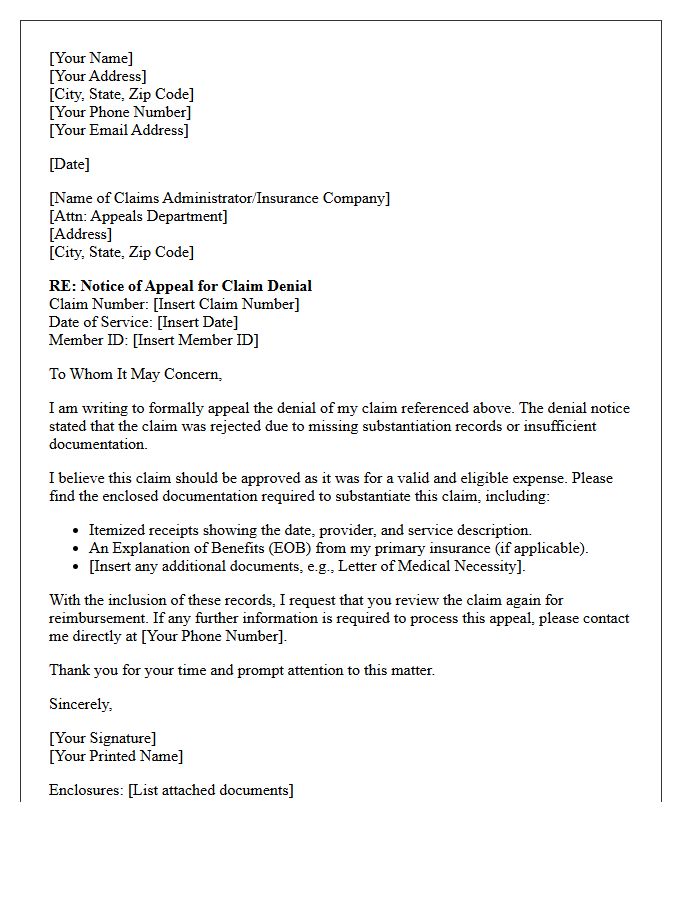 Letter of Appeal Following Claim Denial for Missing Substantiation Records