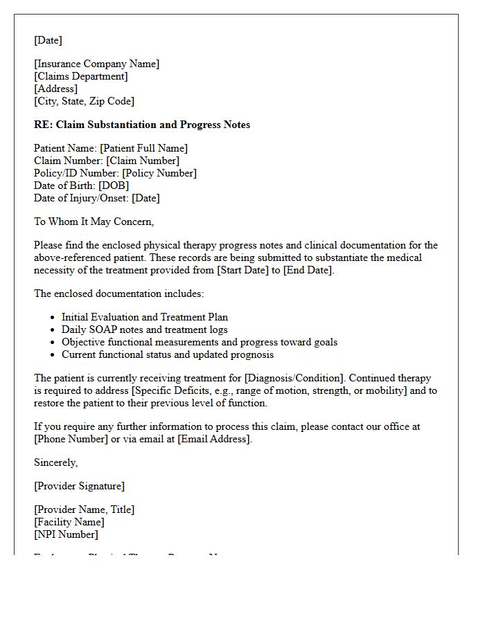Letter Providing Physical Therapy Progress Notes for Claim Substantiation