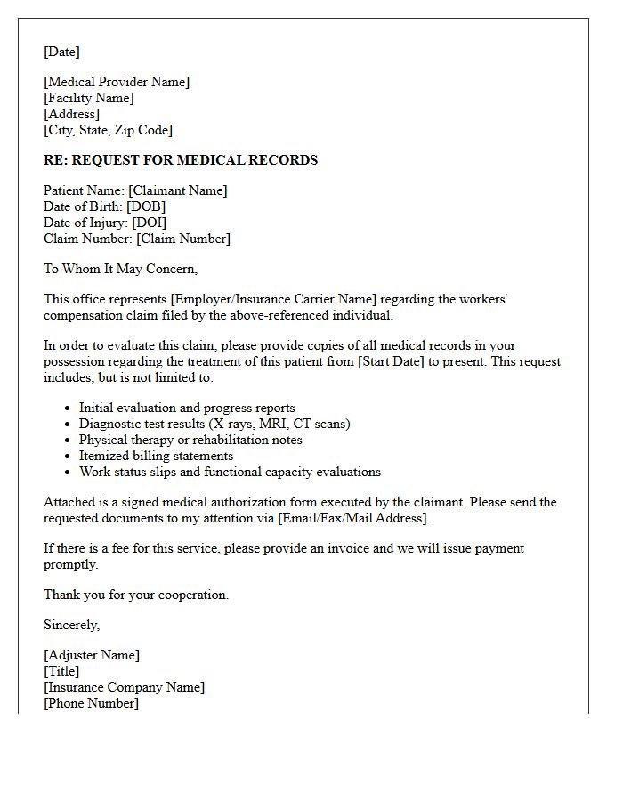 Insurance Adjuster Workers Compensation Medical Record Request Letter