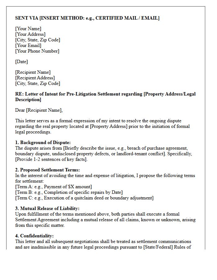 Letter of Intent for Pre-Litigation Settlement Concerning Real Estate Dispute