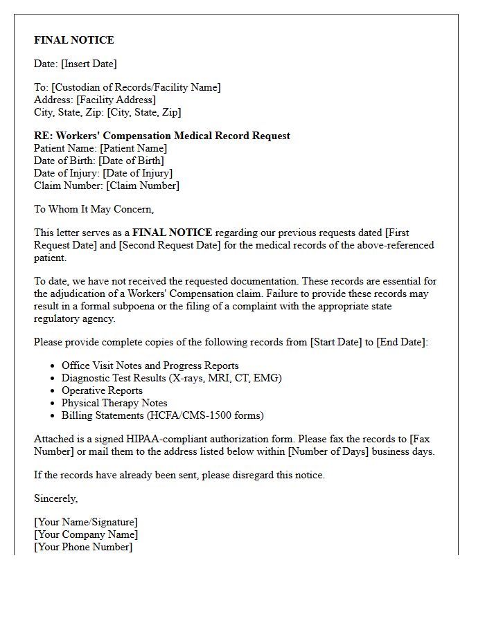 Final Notice Workers Compensation Medical Record Request Letter