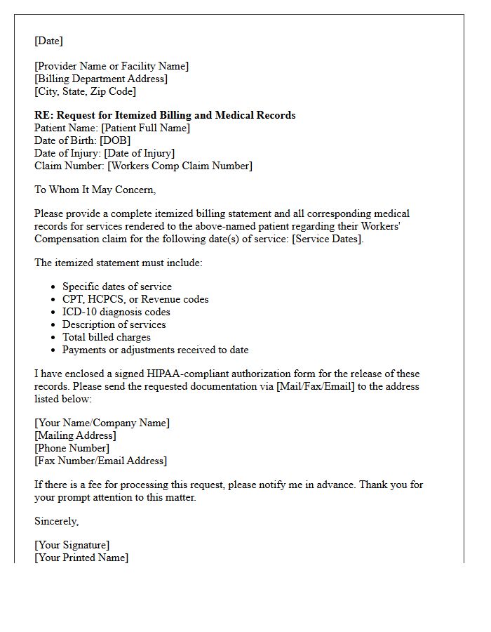 Billing Itemization Workers Compensation Medical Record Request Letter