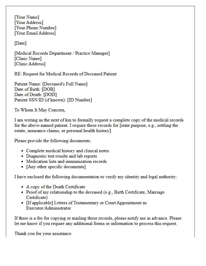 Next of Kin Letter Requesting Deceased Patient Medical Records from Primary Care Clinic