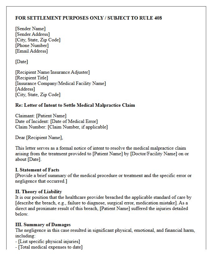 Medical Malpractice Pre-Litigation Settlement Letter of Intent