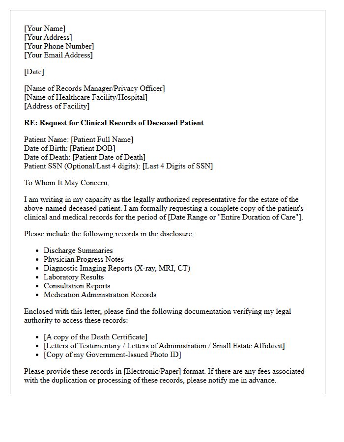 Legal Representative Letter for Deceased Patient Clinical Records Request