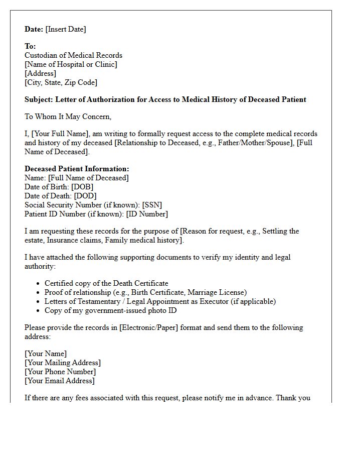 Letter of Authorization for Next of Kin to Access Deceased Patient Medical History