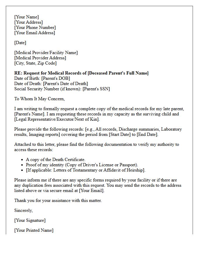 Surviving Child Request Letter for Deceased Parent Medical Records
