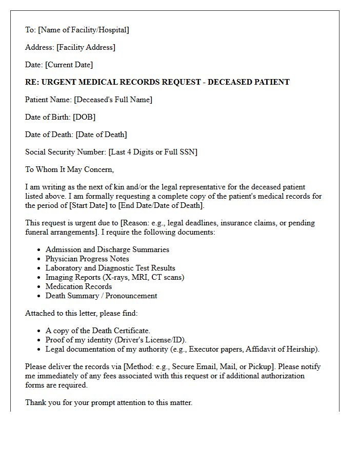 Urgent Medical Records Release Letter for Deceased Patient by Next of Kin