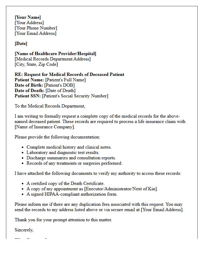 Life Insurance Claim Support Letter Requesting Deceased Patient Records