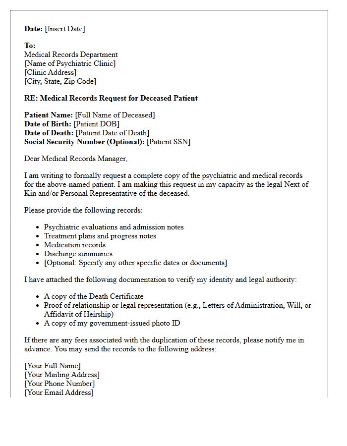 Next of Kin Letter for Deceased Patient Psychiatric Clinic Records Request