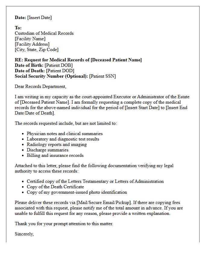 Estate Administrator Letter for Deceased Patient Health Records Retrieval