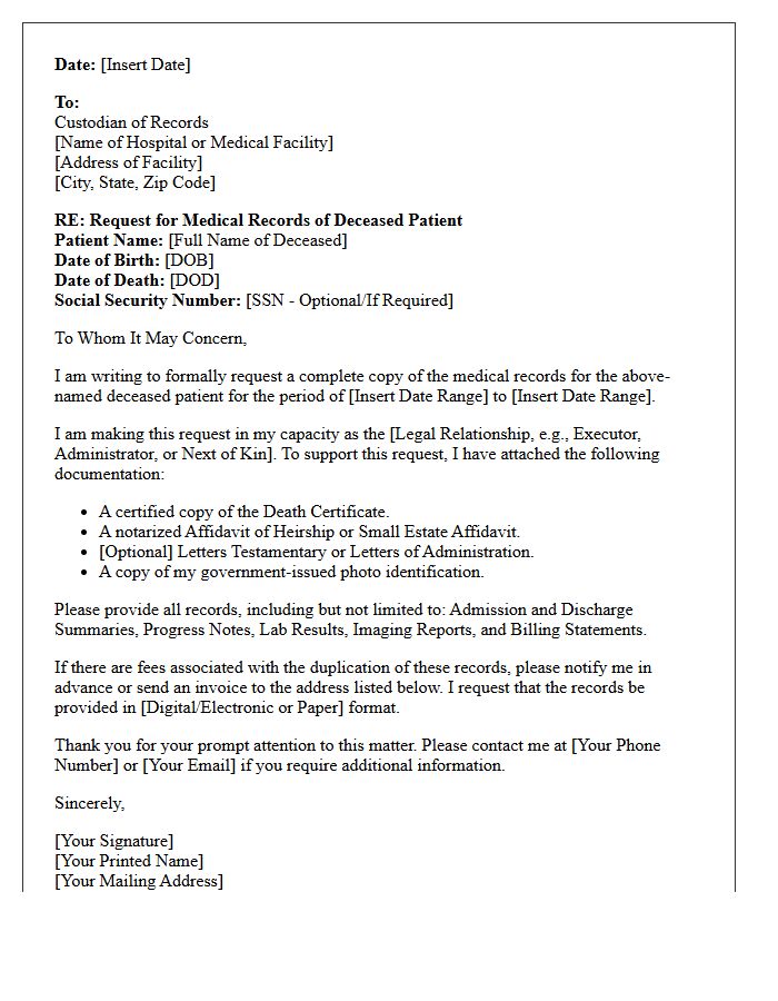 Affidavit Supported Letter for Deceased Patient Medical Records Request