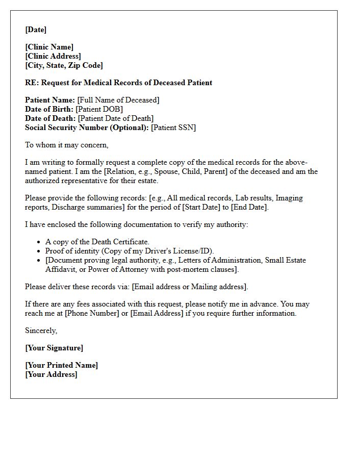 Standard Clinic Release Letter for Deceased Patient Records by Immediate Family
