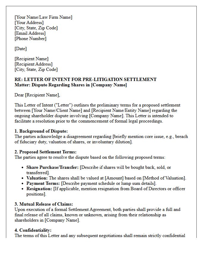 Letter of Intent for Pre-Litigation Settlement Regarding Shareholder Dispute