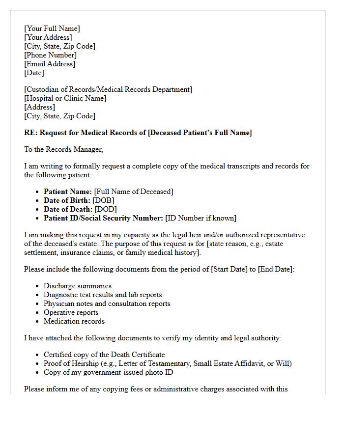 Letter Requesting Deceased Patient Medical Transcripts by Legal Heir