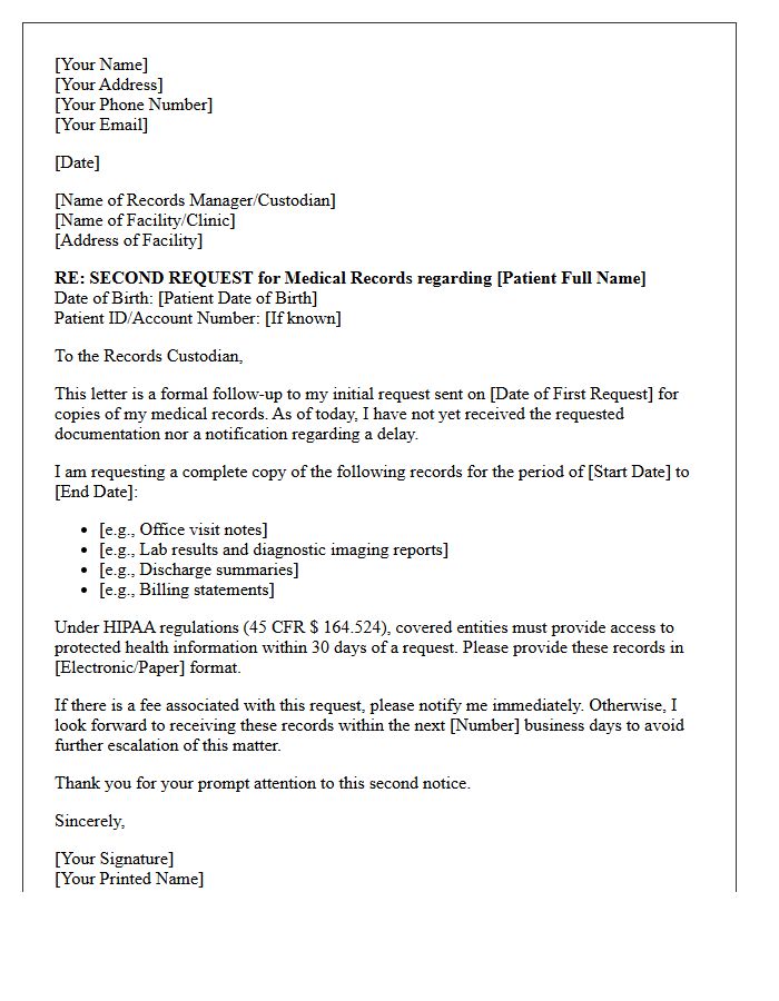 Second Request Follow-Up Letter for Patient Health Records