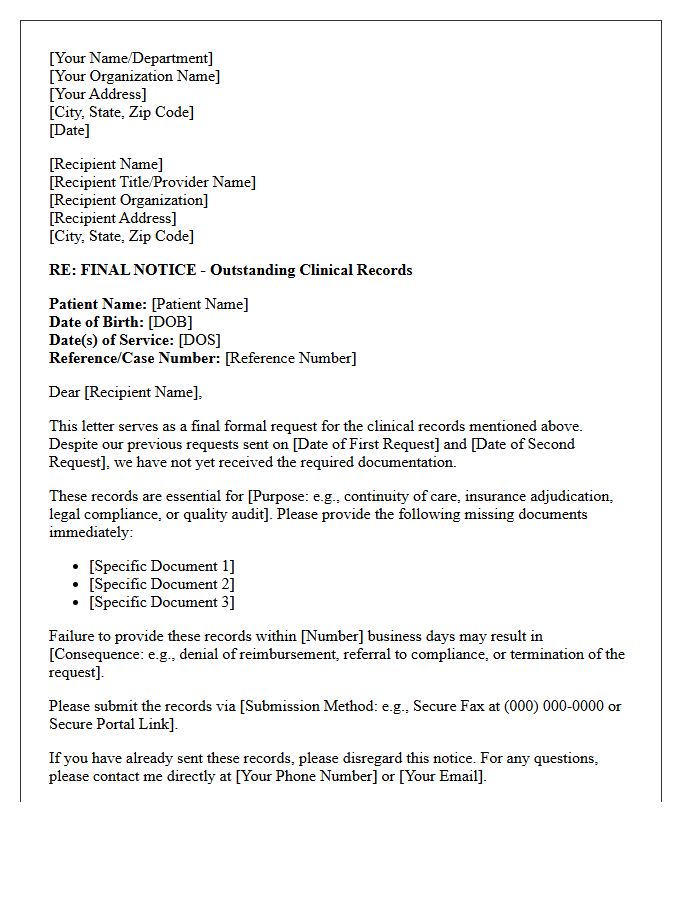 Final Notice Follow-Up Letter for Outstanding Clinical Records