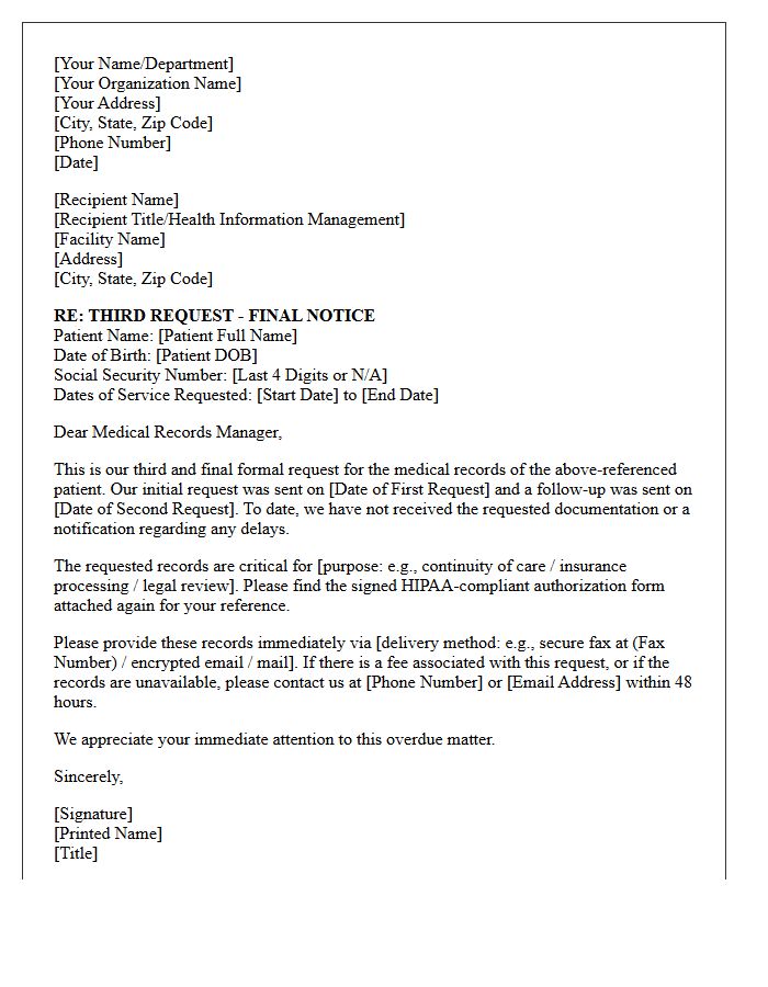 Third Request Follow-Up Letter for Overdue Patient Records