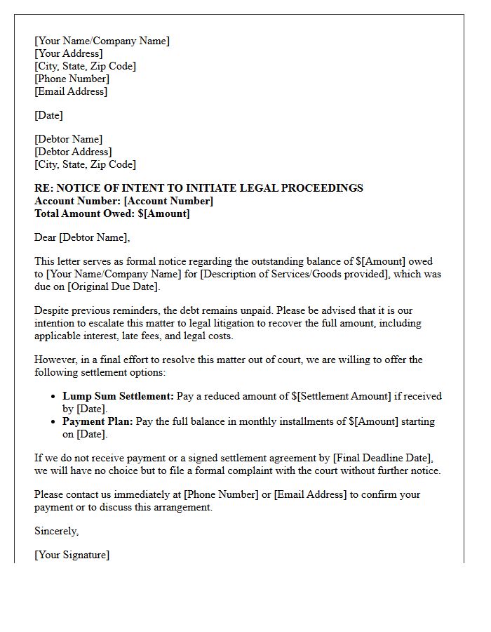 Debt Recovery Pre-Litigation Settlement Letter of Intent
