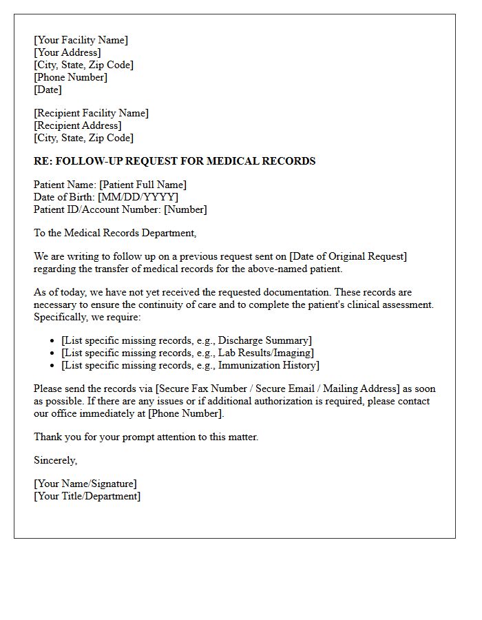 Patient Transfer Follow-Up Letter for Outstanding Medical Records