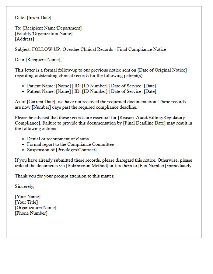 Compliance Notice Follow-Up Letter for Overdue Clinical Records