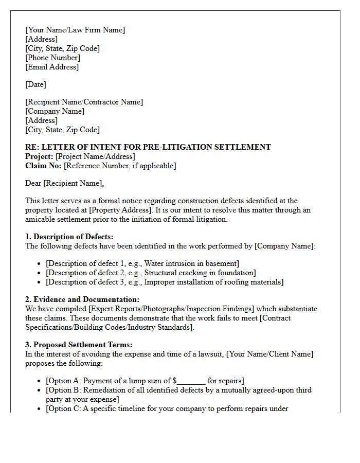 Letter of Intent for Pre-Litigation Settlement in Construction Defect Claim