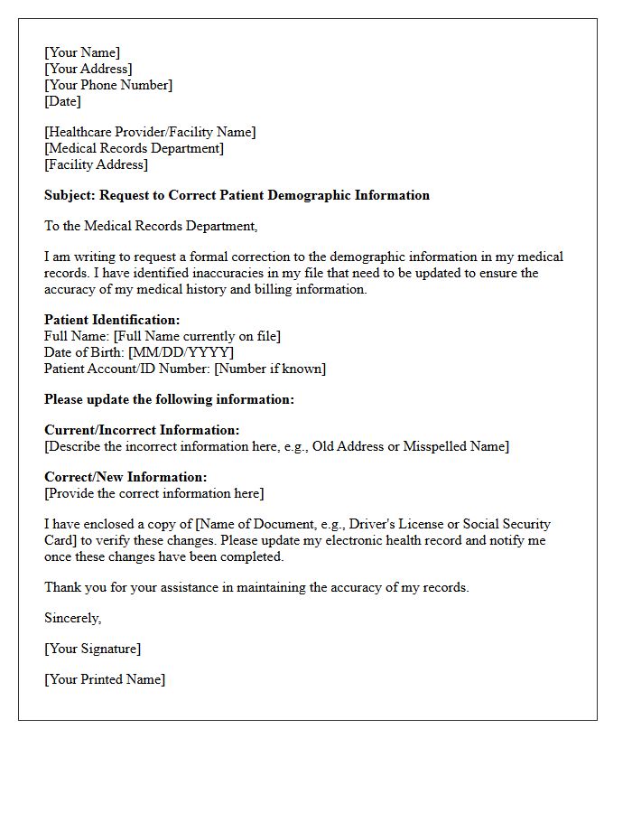 Letter to Correct Patient Demographic Information