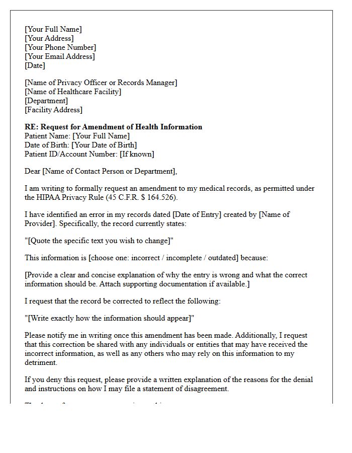 Patient Request Letter for Amendment of Medical History