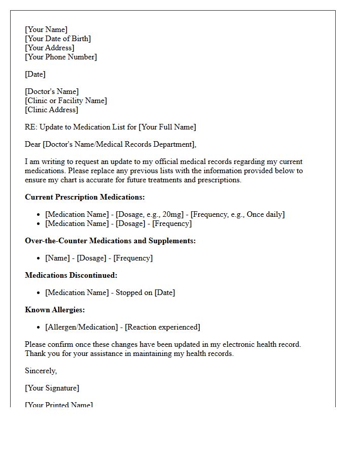 Letter to Update Current Medication List in Medical Record