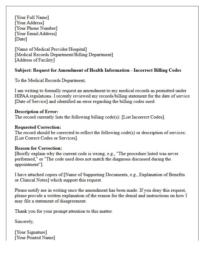 Medical Record Amendment Letter for Incorrect Billing Codes