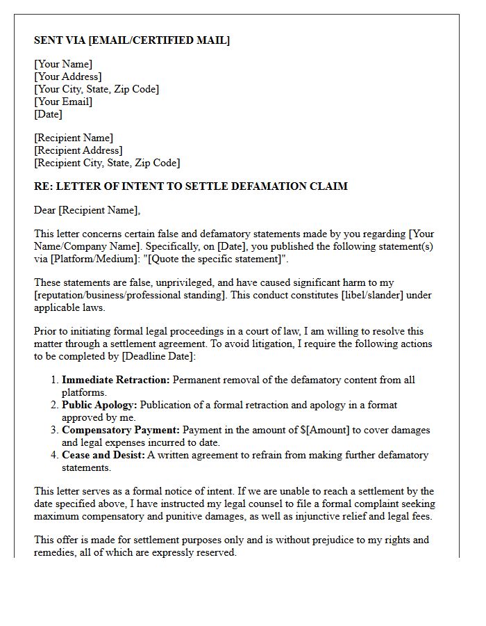 Defamation Claim Pre-Litigation Settlement Letter of Intent
