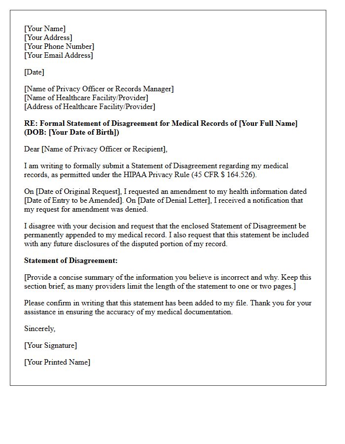 Letter to Append Patient Statement of Disagreement
