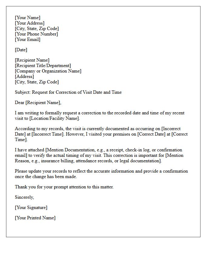 Letter Requesting Correction of Visit Date and Time