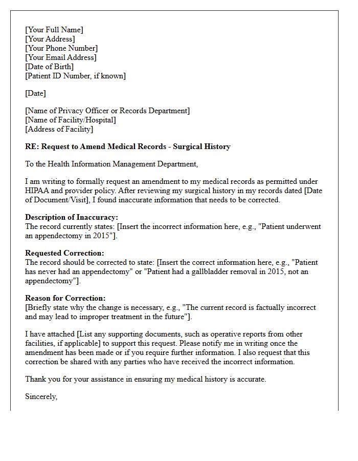 Patient Letter to Amend Inaccurate Surgical History