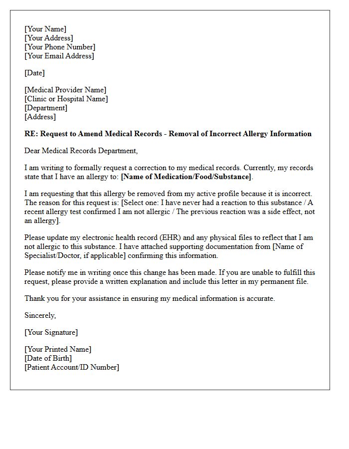 Letter Requesting Removal of Incorrect Allergy Information