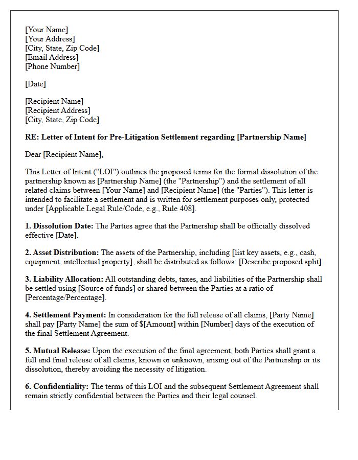 Letter of Intent for Pre-Litigation Settlement of Partnership Dissolution