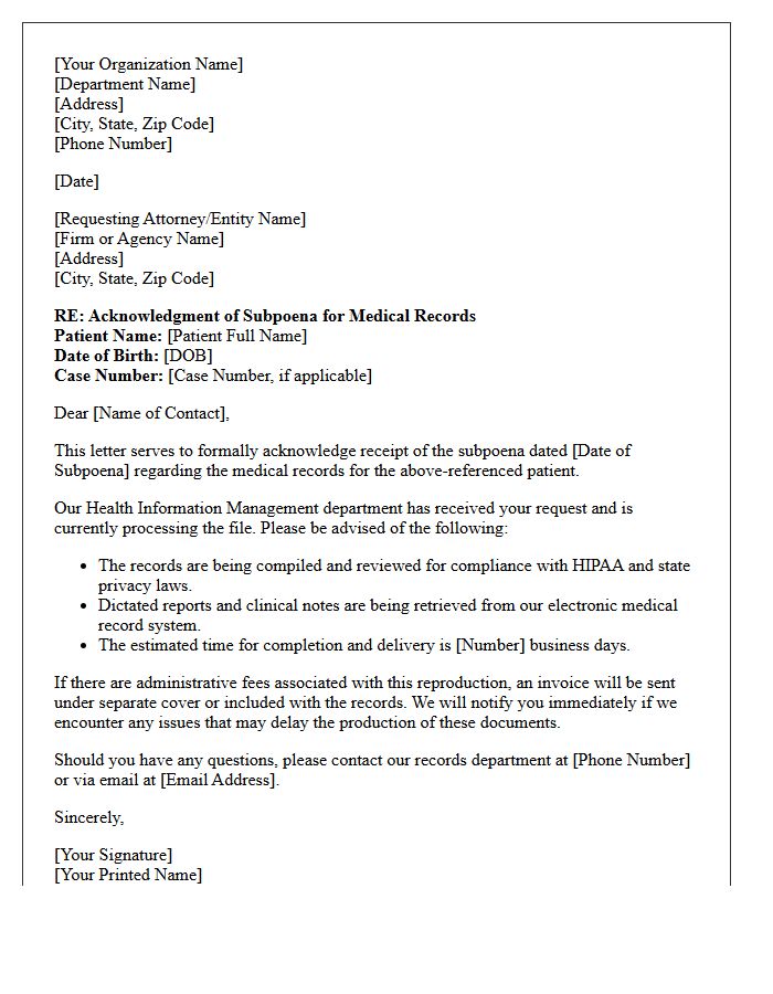 Subpoena Dictated Medical Record Request Acknowledgment Letter